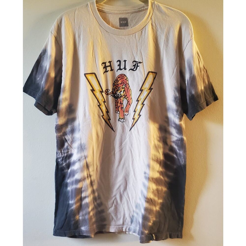 Huff Mens T Shirt Tiger Bolts Gray Black Tie Dye Cotton Medium Short Sleeve